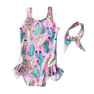 Badpak Voor Meisjes Een Stuk Mouwloze Cactus Print Backless Ruche Bikini Beachwear Leuke Baden Kinderen Badpak Xl