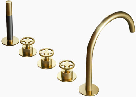 Badrandcombinatie Hotbath Cobber @Work Inbouw 5 Gats Met 2 Stopkranen En Handdouche Met Uitloop Geborsteld Messing PVD