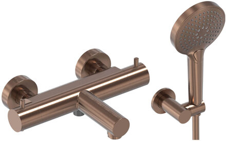 Badthermostaat Combiset MAY Incl. Verstelbare Wandsteun, Doucheslang 125 cm & 3-Standen Handdouche Geborsteld Mat Koper PVD