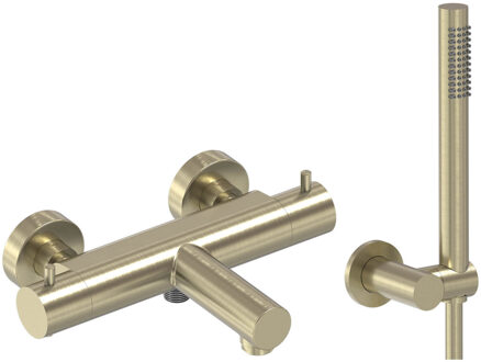 Badthermostaat Combiset MAY Incl. Verstelbare Wandsteun, Doucheslang 125 cm & Staaf Handdouche Geborsteld Mat Goud PVD