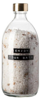 Badzout helder glas messing dop 500ml Kamille tekst ENJOY YOUR BATH