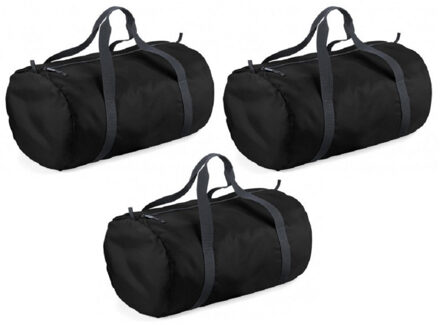 Bagbase 3x stuks zwarte ronde polyester sporttas/weekendtas 50 x 30 x 26 cm