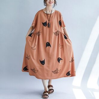 Baggy Jurk Vrouwen Plus Size Gewaad Jurk Leuke Cartoon Kat Print O Hals Raglan Korte Mouw Grote Maat Oversized Maxi etnische Jurk Beige