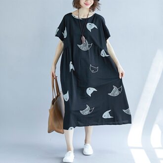 Baggy Jurk Vrouwen Plus Size Gewaad Jurk Leuke Cartoon Kat Print O Hals Raglan Korte Mouw Grote Maat Oversized Maxi etnische Jurk zwart