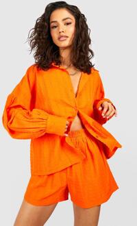Baggy Seersucker Overhemd En Shorts Set, Orange - 38