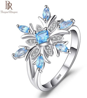 Bague Ringen Female Fine Jewelry Aquamarine Ring Silver 925 for Women Flower Snowflake Blue Gemstones Anniversary Rings Gifts