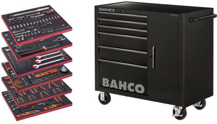 Bahco Gereedschapswagen 'classic' C75 40" met 6 lades en opbergkast | zwart | gevuld 210-delig - 1475KXL6CBK-FF5