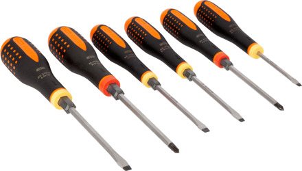 Bahco Schroevendraaierset ERGO™ | driecomponentengreep | doorlopende kling | krachtgreep | gleuf | Phillips - 6-delig - BE-9881TB
