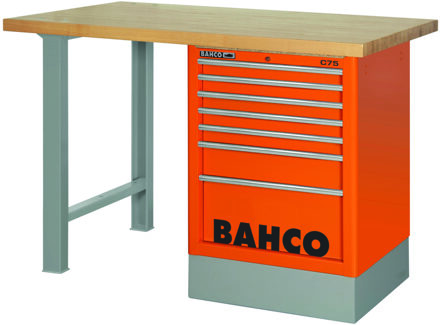 Bahco Werkbank | heavy-duty | met houten werkblad | ladeblok | 6 lades | 2 poten | blauw | 1800 mm x 750 mm x 1030 mm - 1495K6CWB18TW