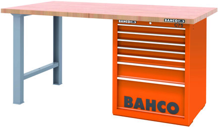 Bahco Werkbank | heavy-duty | met houten werkblad | ladeblok | 7 lades | 2 poten | oranje | 1500 mm x 750 mm x 880 mm - 1495KH7WB15TW
