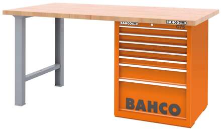 Bahco Werkbank | heavy-duty | met houten werkblad | ladeblok | 7 lades | 2 poten | rood | 1500 mm x 750 mm x 880 mm - 1495KH7RDWB15TW