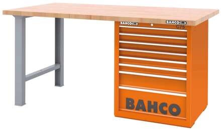 Bahco Werkbank | heavy-duty | met houten werkblad | ladeblok | 8 lades | 2 poten | zwart | 1800 mm x 750 mm x 880 mm - 1495KH8BKWB18TW