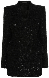 Balenciaga Zwart Tweed Bouclé Double-Breasted Jas Balenciaga , Black , Dames - M,S,Xs