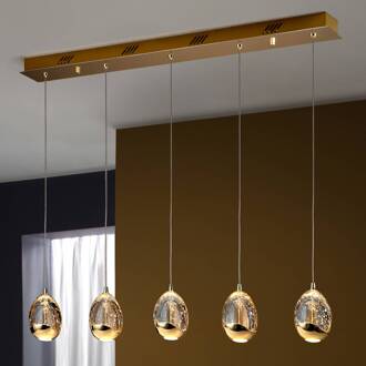 Balk hanglamp Rocio, 5-lichts, metaal, glas, goud goud, helder