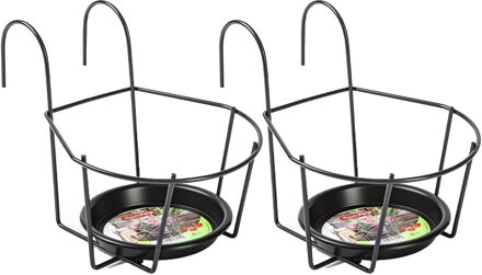 Balkon bloempothouder - 3x - bloembak met ophanging - zwart - 24 x 17 x 18 cm - rond