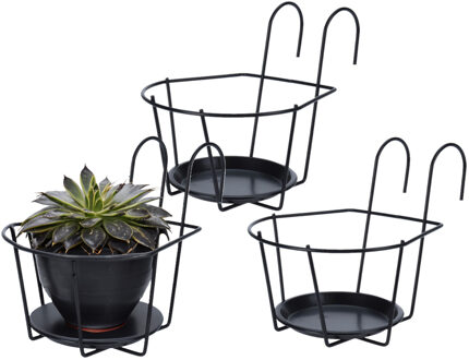 Balkon bloempothouder - 3x - bloembak met ophanging - zwart metaal - 17 cm - rond