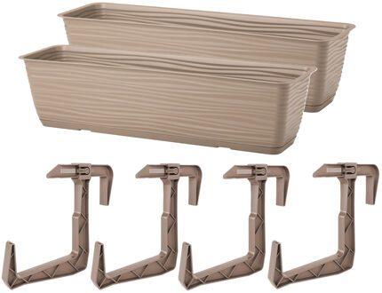 Balkon plantenbak Balustrade - 2x - incl ophangbeugels - kunststof - beige - L50 x B17 x H14 cm