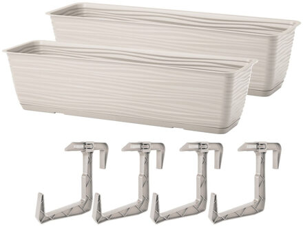 Balkon plantenbak Balustrade - 2x - incl ophangbeugels - kunststof - lichtgrijs - L60 x B17 x H14 cm