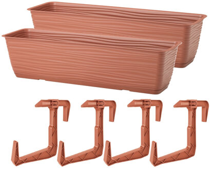Balkon plantenbak Balustrade - 2x - incl ophangbeugels - kunststof - terracotta - L60 x B17 x H14 cm