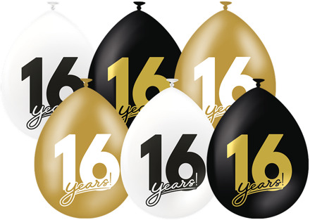 Ballonnen Celebration 16 Jaar Wit/Goud/Zwart (6st) Zwart, Wit - Transparant, Multikleur - Print, Goud - Brons