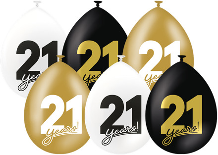 Ballonnen Celebration 21 Jaar Wit/Goud/Zwart (6st) Zwart, Wit - Transparant, Multikleur - Print, Goud - Brons