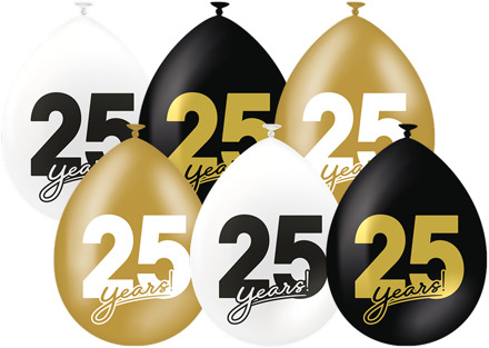 Ballonnen Celebration 25 Jaar Wit/Goud/Zwart (6st) Zwart, Wit - Transparant, Multikleur - Print, Goud - Brons
