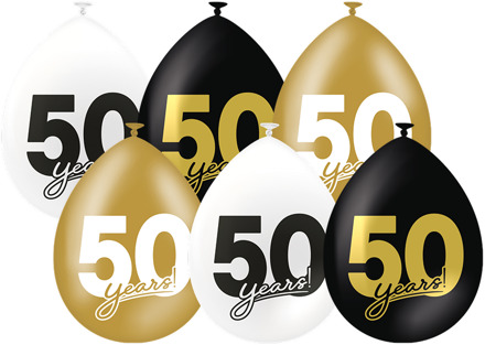 Ballonnen Celebration 50 Jaar Wit/Goud/Zwart (6st) Zwart, Wit - Transparant, Multikleur - Print, Goud - Brons