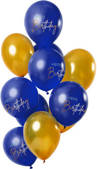 Ballonnen Elegant Happy Birthday 30 Cm Blauw/goud 12 Stuks