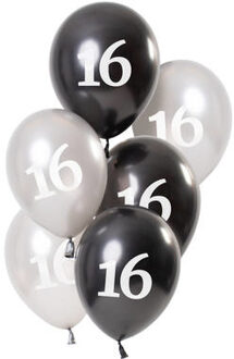 Ballonnen Glossy 16 Jaar 23 Cm Latex Zwart/zilver 6 Stuks