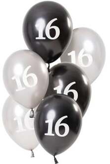 Ballonnen Glossy 16 Jaar 23 Cm Latex Zwart/zilver 6 Stuks