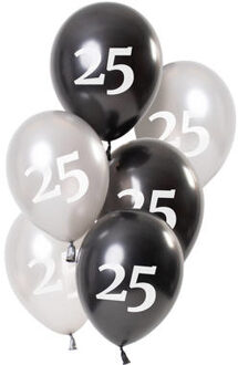 Ballonnen Glossy 25 Jaar 23 Cm Latex Zwart/zilver 6 Stuks