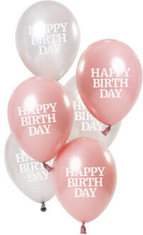 Ballonnen Glossy Happy Birthday 23 Cm Roze/zilver 6 Stuks