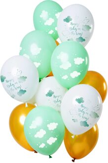 Ballonnen 'Hooray, Baby On The Way!' Groen-goud 30cm - 12 Stuks