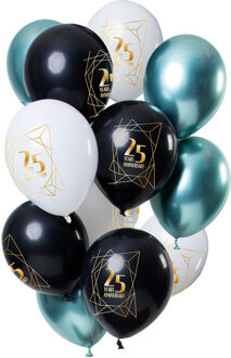ballonnen Jubileum 25 jaar 30 cm wit/zwart/groen 12 stuks Multikleur