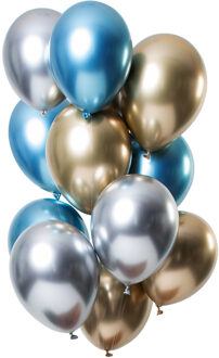 Ballonnen Mirror Effect 33 Cm Latex Blauw/goud 12 Stuks