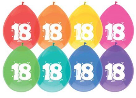 Ballonnen multicolor met opdruk ""18"" 30 cm 8 stuks Multikleur