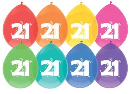 Ballonnen multicolor met opdruk ""21"" 30 cm 8 stuks Multikleur