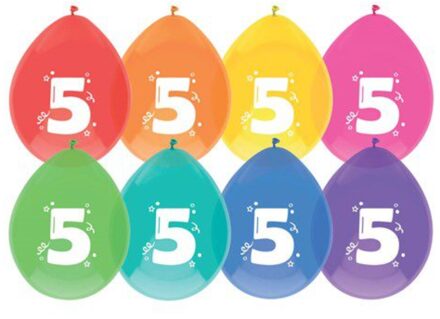 Ballonnen multicolor met opdruk ""5"" 30 cm 8 stuks Multikleur
