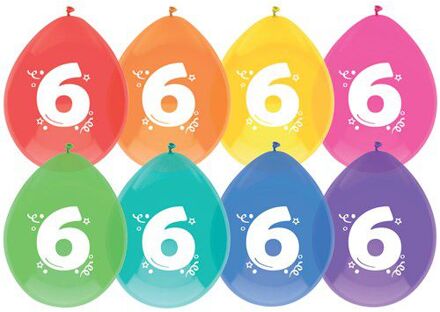 Ballonnen multicolor met opdruk ""6"" 30 cm 8 stuks Multikleur