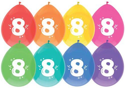 Ballonnen multicolor met opdruk ""8"" 30 cm 8 stuks Multikleur