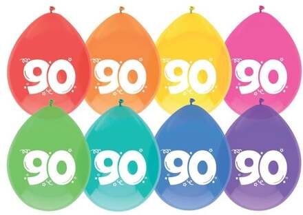 Ballonnen multicolor met opdruk ""90"" 30 cm 8 stuks Multikleur