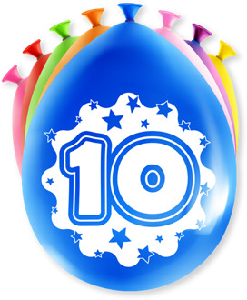 ballonnen Party 10 jaar 18,5 x 11 cm latex 8 stuks Multikleur