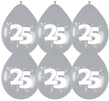 Ballonnen zilver met opdruk ""25"" cm 6 stuks Zilverkleurig