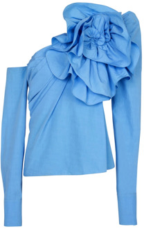 Balmain Asymmetrische popeline shirt met roos Balmain , Blue , Dames - 2XS