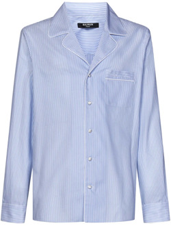 Balmain Blauwe Pyjama-Stijl Katoenen Poplin Overhemd Balmain , Blue , Heren - L,M