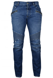 Balmain Blauwe Slim-Fit Jeans met Ribbel Inserts Balmain , Blue , Heren - W30,W29