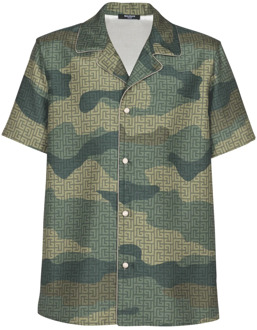 Balmain Camouflage monogram Shantung shirt met korte mouwen Balmain , Green , Heren - 2Xl,Xl,L,M,S,Xs