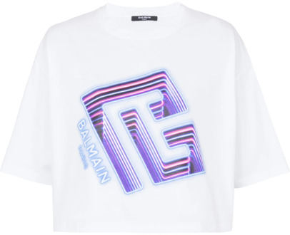 Balmain Crop T-shirt met neon bedrukt labyrintlogo Balmain , White , Dames - Xl,L,M,S,Xs