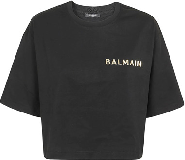 Balmain Cropped T-Shirt met Metallic Logo Balmain , Black , Dames - L,M