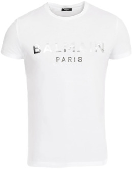 Balmain Eco-ontworpen katoenen T-shirt met Paris logo print. Balmain , White , Heren - Xl,L,M